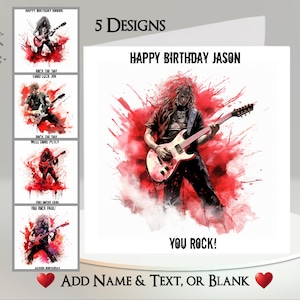 Tarjeta de banda de rock: agrega tu texto + nombre ~ Mensaje interior ~ Guitarra, bajo, batería, cantante, heavy metal, soft rock, rock and roll, músico, música