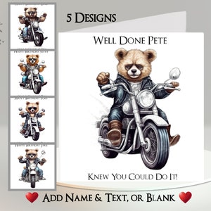 Carte ours motard : ajoutez votre texte et votre nom ~ Message intérieur ~ Ours à moto, vélo, moto, motard, test de moto, balade à vélo, motard