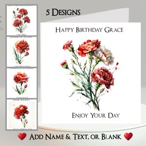 Cartão de cravo: adicione seu texto + nome ~ Mensagem interna ~ Cravos vermelhos, cravos brancos, flores vermelhas, flores brancas, floral, buquê