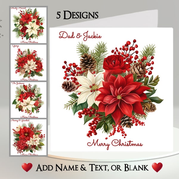 Christmas Flowers Card: Add Your Text + Name ~ Inside Message ~ Poinsettia, Holly, Mistletoe, Berries, Fern, Traditional Christmas