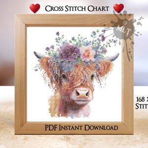 Highland Cow Counted Cross Stitch Chart: Instant PDF Download.  Coloured and Black & White Chart. Full DMC Floss List. Cute Cow With Flowers