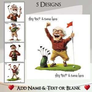 Quirky Golf Card: aggiungi il tuo testo + nome, messaggio interno, 5 design, personalizzato, golfista, mazze da golf, par, putt, tee, caddie, campo da golf