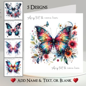 Tarjeta de flor de mariposa: agregue su texto + nombre ~ Mensaje interior ~ Mariposa colorida, alas, flores de insectos, arcoíris, hermosa, bonita