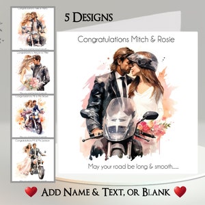 Biker-trouwkaart: naam en datum toevoegen ~ bericht binnen ~ man, vrouw, bruid, bruidegom, huwelijk, huwelijksceremonie, motor, scooter, fiets