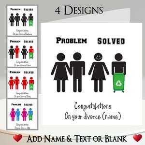 Tarjeta de Divorcio: Añade tu texto + nombre, mensaje interior, 4 diseños. Personalizada, Ruptura, Divorciado, Problema resuelto, Tarjeta femenina, Divertida, Humorística