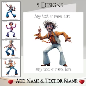 May include: A set of greeting cards with a 1970s theme. The main card shows a cartoon man in a retro outfit, with the text "Any text & name here". Other cards feature similar illustrations with text such as "Hey Dad" and "Happy Birthday".
