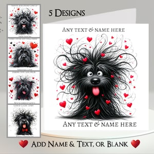 Carte chien : ajoutez votre texte et votre nom ~ 5 modèles au choix ~ Message à l'intérieur ~ Chien noir rigolo, chien aux gros poils, coeur, animal de compagnie, canidé, humoristique