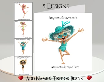 Cartão de Mulher Praiana: Adicione seu nome + texto, mensagem interna, 5 designs, Mulher peculiar, Traje de banho, Traje de banho, Biquíni, Mar, Engraçado, Humorístico