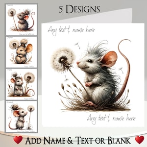 Tarjeta de ratón: agrega tu texto + nombre, mensaje interior, 5 diseños. Lindo ratón con diente de león, moño desordenado, paja, trigo, dibujo
