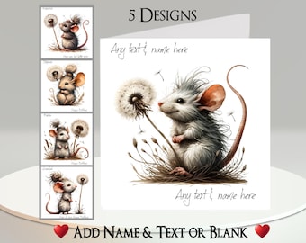 Dandelion Mouse Card: Add Your Text + Name, Inside Message, or Blank. 5 Designs. Cute, Quirky, Messy Bun, Straw, Wheat, Drawing