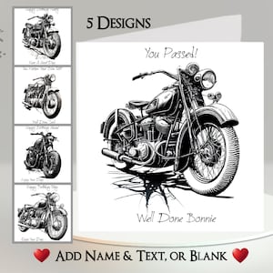 Cartão de motocicleta vintage: adicione seu texto + nome ~ 5 designs ~ mensagem interna ~ motocicleta, motocicleta, bicicleta, vintage, motociclista, desenho de linha