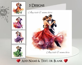 May include: Five different designs of a watercolor painting of a couple dancing. The couple is dressed in formal attire, the woman in a flowing gown and the man in a tuxedo. The text "Any text & name here" appears twice on the image.