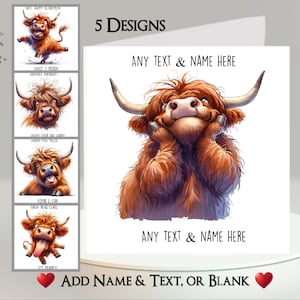 Highland Cow-kaart: voeg je tekst + naam toe ~ 5 ontwerpen om uit te kiezen ~ binnenbericht ~ grappige hooglandkoe, vee, Schotse koe, Schotland