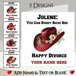 Tarjeta de Divorcio: Añade tu texto + nombre, mensaje interior, 5 diseños. Personalizada, Ruptura, Vaquero, Vaquera, Sombrero, Canción, Juego de palabras, Divertida, Humorística