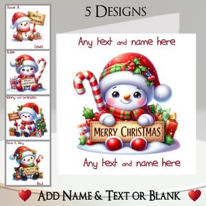 クリスマス カード: テキスト + 名前、内側のメッセージ、5 つのデザイン、雪だるま、雪、クリスマス ツリー、帽子、スカーフ、キャンディ ケイン、木製看板、ヒイラギを追加