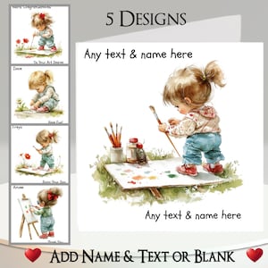 Biglietto d'artista: aggiungi il tuo nome + testo, messaggio interno, 5 disegni. Bambina artista acquerello, corso d'arte, apprendistato, studentessa, pittura