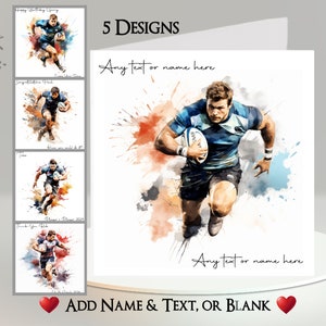Karta Rugby: Dodaj swój tekst + imię ~ Wiadomość wewnątrz ~ Rugger, Piłka do rugby, Gracz rugby, Mecz rugby, Trener, Próba, Scrum, Atak, Buty, Sport