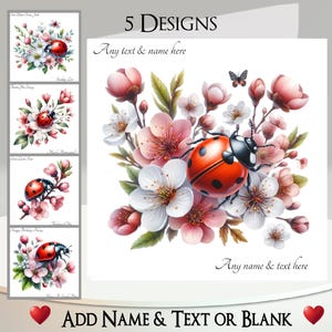 Tarjeta Mariquita: Agregue su texto + nombre, mensaje interior, 5 diseños para elegir ~ Mariquita en flor, Mariquita, Clemátide, Naturaleza, Insecto, Mancha