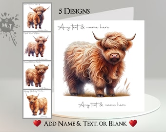 Highland Cow Card: Add Your Text + Name ~ Inside Message ~ Scottish Cow, Calf, Scotland, Bovine, Cute Highland Cow, Cattle, Highlands