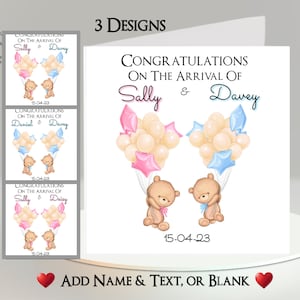 Karte für Zwillinge: Füge Deine Namen + Text hinzu ~ Neugeborene, Baby, Teddy, Teddies, Teddybär, Sohn, Tochter, Zwillinge, neue Eltern