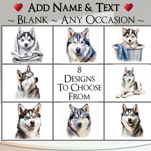 Kaart Siberische husky: tekst en naam toevoegen ~ bericht binnenin ~ elke gelegenheid ~ husky, sledehond, hoektand, hondenportret, huisdier, hond