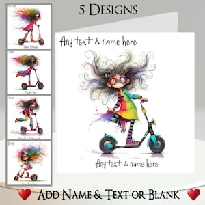 Carte trottinette : ajoutez votre texte et votre nom, message à l'intérieur, 5 modèles, trottinette électrique, fille originale, femme, adolescent, cheveux arc-en-ciel, drôle, humour
