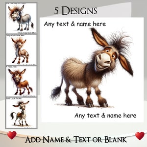 Carte avec un âne : ajoutez votre texte et votre nom ~ 5 modèles au choix ~ message à l'intérieur, coquin, cul, animal de compagnie, mule, souriant, drôle, dessin animé, humoristique
