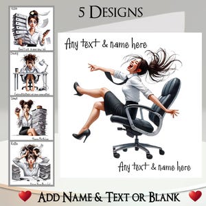 Carte Office Girl : ajoutez votre nom + texte, message à l'intérieur, 5 modèles. Administrateur original, Admin, Fichiers, Travail, Nouvel emploi, Amusant, Humoristique