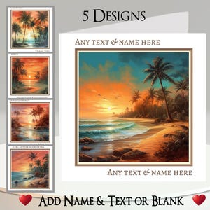 Carte palmier tropical : ajoutez votre texte, votre nom, un message à l'intérieur, 5 motifs. Plage Coucher de soleil, Lever du soleil, Mer, Océan, Vagues, Sable, Côte, Scène côtière