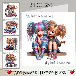 Carte Besties : ajoutez votre nom + texte, message à l'intérieur, 5 modèles. Meilleurs amis, soeurs, copains, fille originale, câlin, câlin, rire, joyeux