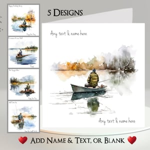 Tarjeta de pesca: agregue su texto + nombre ~ 5 diseños para elegir ~ Mensaje interior ~ Pesca, barco, pescador, lago, mar, océano, caña de pescar, pasatiempo