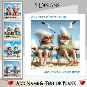 Carte de couple sur la plage : ajoutez votre nom + texte, message à l'intérieur, 5 modèles, femme originale, homme, transat, mer, fantaisiste, mouette, drôle, humoristique
