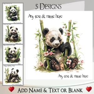 Panda Karte: Fügen Sie Ihren Text + Namen, Insider Nachricht, 5 Designs zur Auswahl ~ Niedlicher Panda, Panda Bär, Bambus, Blumen, Schwarzer und Weißer Bär