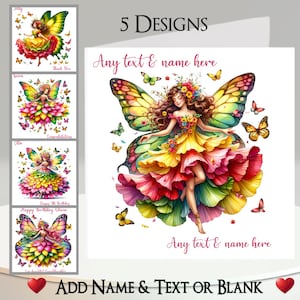 Biglietto d'auguri con fata farfalla: aggiungi il tuo testo e nome, messaggio all'interno, 5 design. Arcobaleno, Ali, Farfalle, Primavera, Colorato, Luminoso, Fiori