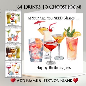Carte Funny Need Glasses : ajoutez votre texte et votre nom, choisissez parmi 64 boissons ~ message intérieur ~ alcool, drôle, humoristique, boisson, bière, vin