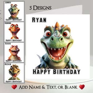 Biglietto di auguri con dinosauro: aggiungi il tuo testo + nome ~ Messaggio interno ~ Faccina di dinosauro carina, dinosauro sorridente, dinosauro divertente, dinosauro