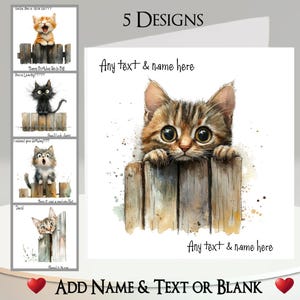 Tarjeta de Gato con Cerca: Agrega tu texto + nombre, mensaje interior, 5 diseños. Gatito asomado, atigrado, pelirrojo, negro, gris, lindo, sorprendido, risueño