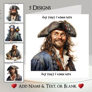 Piratenkaart: tekst + naam toevoegen ~ 5 ontwerpen om uit te kiezen ~ bericht binnen ~ mannetje piraat, zeerover, zeerover, kaper, papegaai, zee