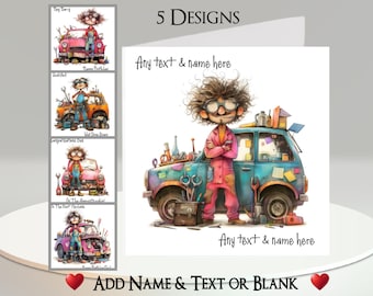 Mechanic Card: Add Your Text + Name, Inside Message, or Blank. 5 Designs. Quirky Male Mechanic, Car, Apprenticeship, Funny, Humorous