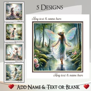 Biglietto d'auguri con fata: aggiungi il tuo testo e nome, messaggio all'interno, 5 design. Fata mistica, Ali, Bosco, Foresta, Ruscello, Fiume, Fiori, Cervo