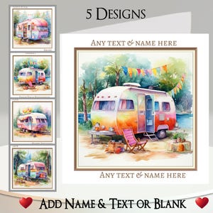 Tarjeta de caravana: añade tu texto + nombre, mensaje interior, 5 diseños. Camper, remolque, camping, furgoneta, vacaciones, viaje, bosque, arcoíris.
