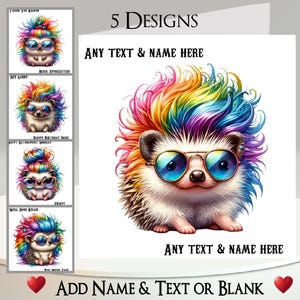 Carte hérisson amusante : ajoutez votre texte et votre nom, message à l'intérieur, 5 modèles au choix ~ arc-en-ciel, cheveux longs, lunettes de soleil, hérisson mignon, hérisson