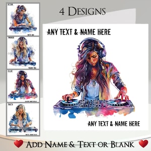 Tarjeta de DJ: Añade tu texto + nombre, mensaje interior, 4 diseños. Auriculares, reproductor de música, disc jockey, tocadiscos, mezcla, scratching, set de DJ, fiesta.