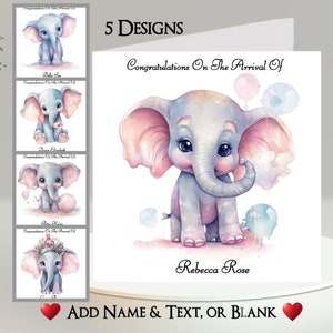 Rosa Elefant Karte zur Geburt: Fügen Sie Ihren Namen + Text ~ Nachricht ~ Neugeborene, Baby, Tochter, Nichte, Baby Mädchen, neue Eltern, neue Großeltern