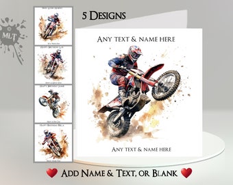 Motocross Card: Add Your Text + Name, Inside Message, or Blank. 5 Designs. Motorbike, Scramble Bike, Trial, mx, Motorcycle, Race, Track
