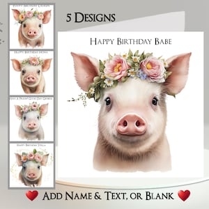 Ferkel Karte: Fügen Sie Ihren Text + Namen hinzu ~ 5 Designs zur Auswahl ~ Innere Nachricht ~ Schwein, Ferkel, Ferkel mit Blumen, Blumenschwein, süßes Schwein