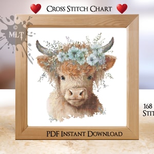 Gráfico de ponto cruz contado de vacas das Terras Altas: download instantâneo em PDF. Gráfico colorido e preto e branco. Lista completa de fios DMC. Vaca fofa com flores