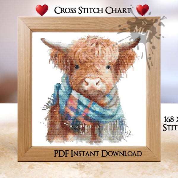 Highland Cow Counted Cross Stitch Chart: Instant PDF Download.  Coloured and Black & White Chart. Full DMC Floss List. Cute Cow With Scarf