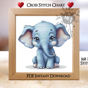 Elephant Counted Cross Stitch Chart: Instant PDF Download Coloured + Black & White Chart Full DMC Floss List Cute Cartoon Elephant, Big Eyes