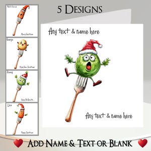 Weihnachtskarte: Fügen Sie Ihren Text + Namen hinzu, Innenseite Nachricht, 5 Designs, Lustig Gemüse, Gabel, Karotte, Kartoffel, Sprout, Weihnachtsessen, Essen